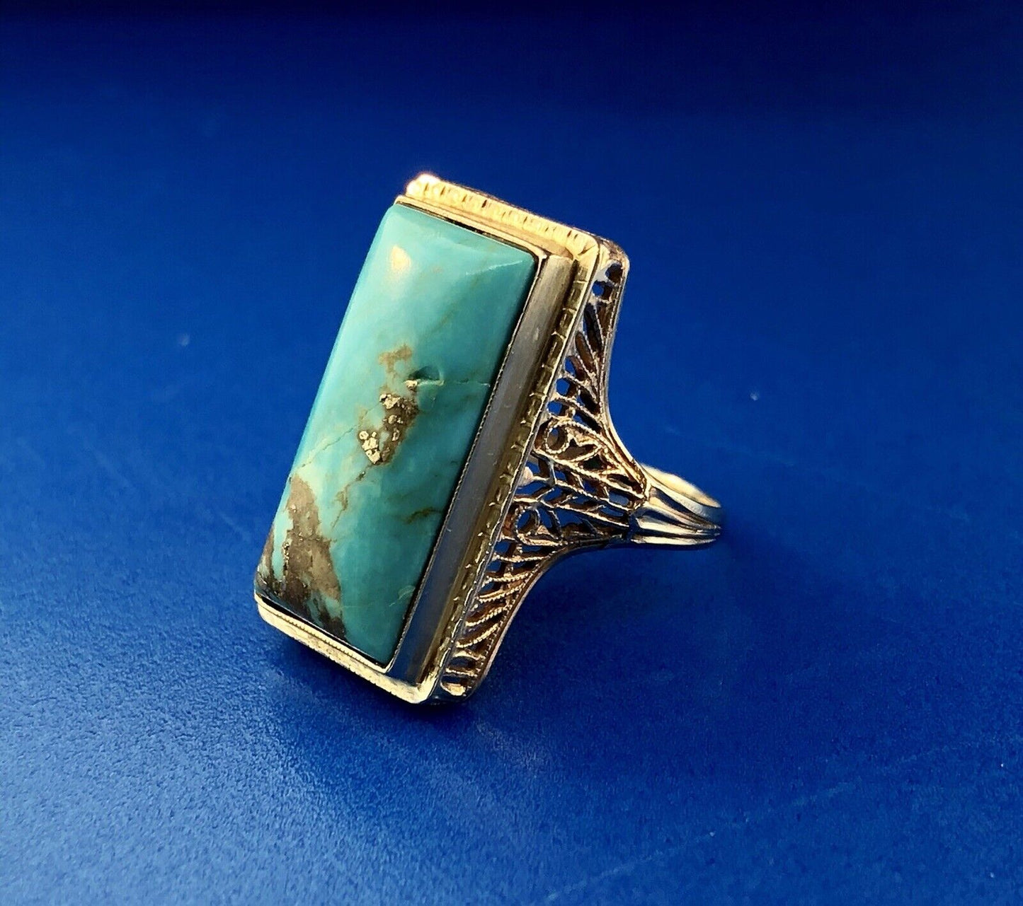Art Deco Designer G & Co 14K White Gold Turquoise Filigree Statement Dinner Ring