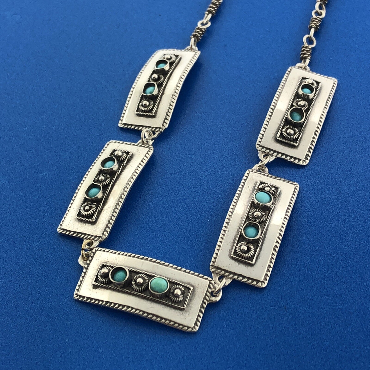 Stunning Sterling Silver 925 Cabochon Turquoise Rectangle Panel 17.5" Necklace