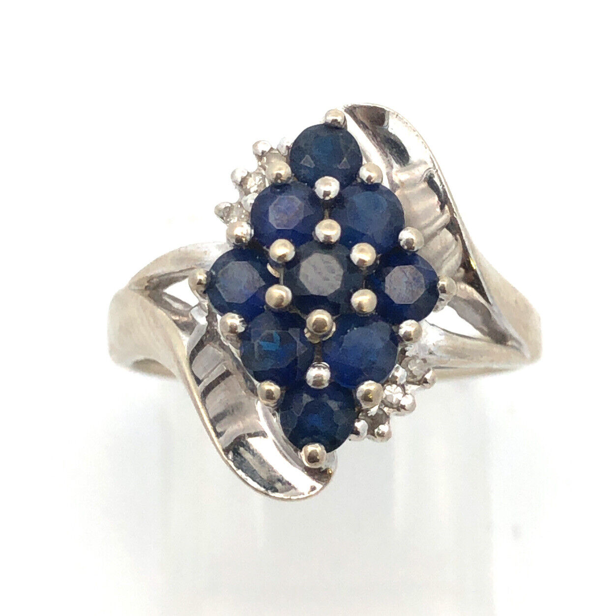 Designer 10K White Gold Round Sapphire Cluster W/Diamond Accents Cocktail Ring