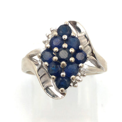 Designer 10K White Gold Round Sapphire Cluster W/Diamond Accents Cocktail Ring