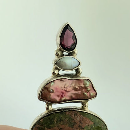 Sterling Silver 925 Unakite Mother Of Pearl Garnet Pearl Statement Pendant
