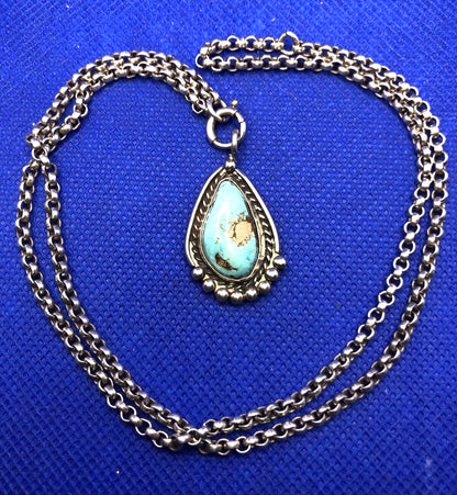 Blue Turquoise Native American 925 Sterling Silver Pendant Necklace
