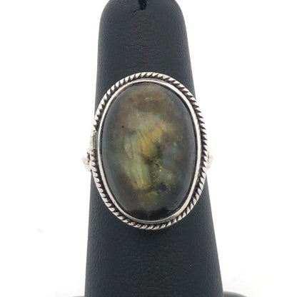 Vintage 925 Sterling Silver Oval Green Labradorite Cabochon Statement Ring