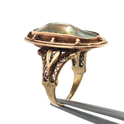 Vintage Art Deco Retro 10K Yellow Gold Abalone Ring with Filigree Detailing