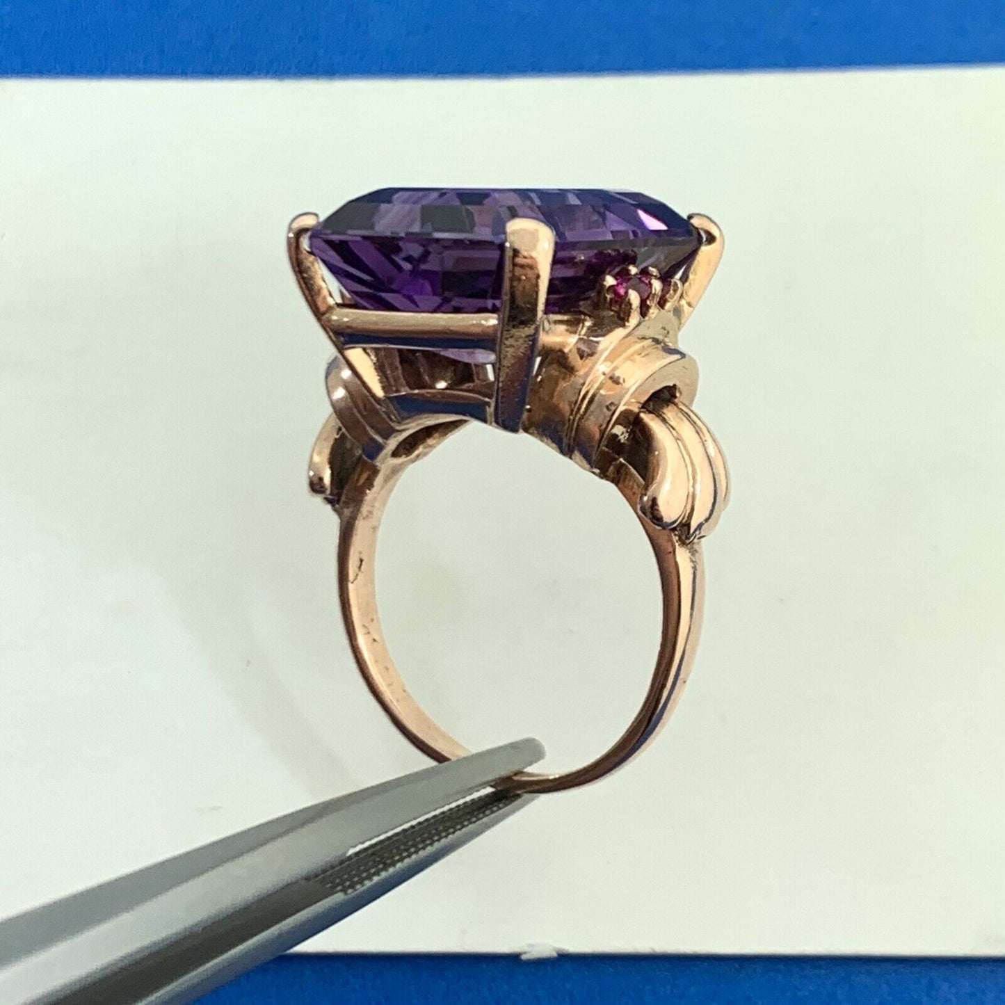 Estate Emerald Cut Amethyst Ruby Accents 14K Rose Gold Statement Cocktail Ring