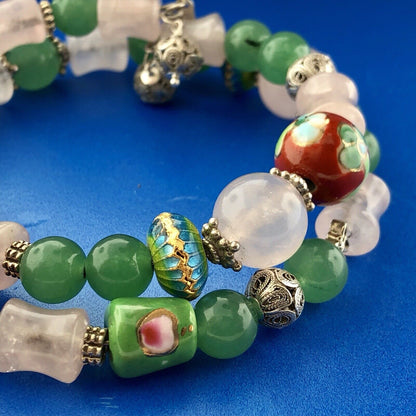 Sterling Silver Green Lavender Jade Ceramic Cloisonne Bead Three Wrap Bracelet