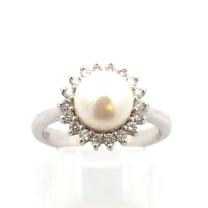 Designer 14K White Gold Pearl Solitaire Diamond Halo June Anniversary Ring