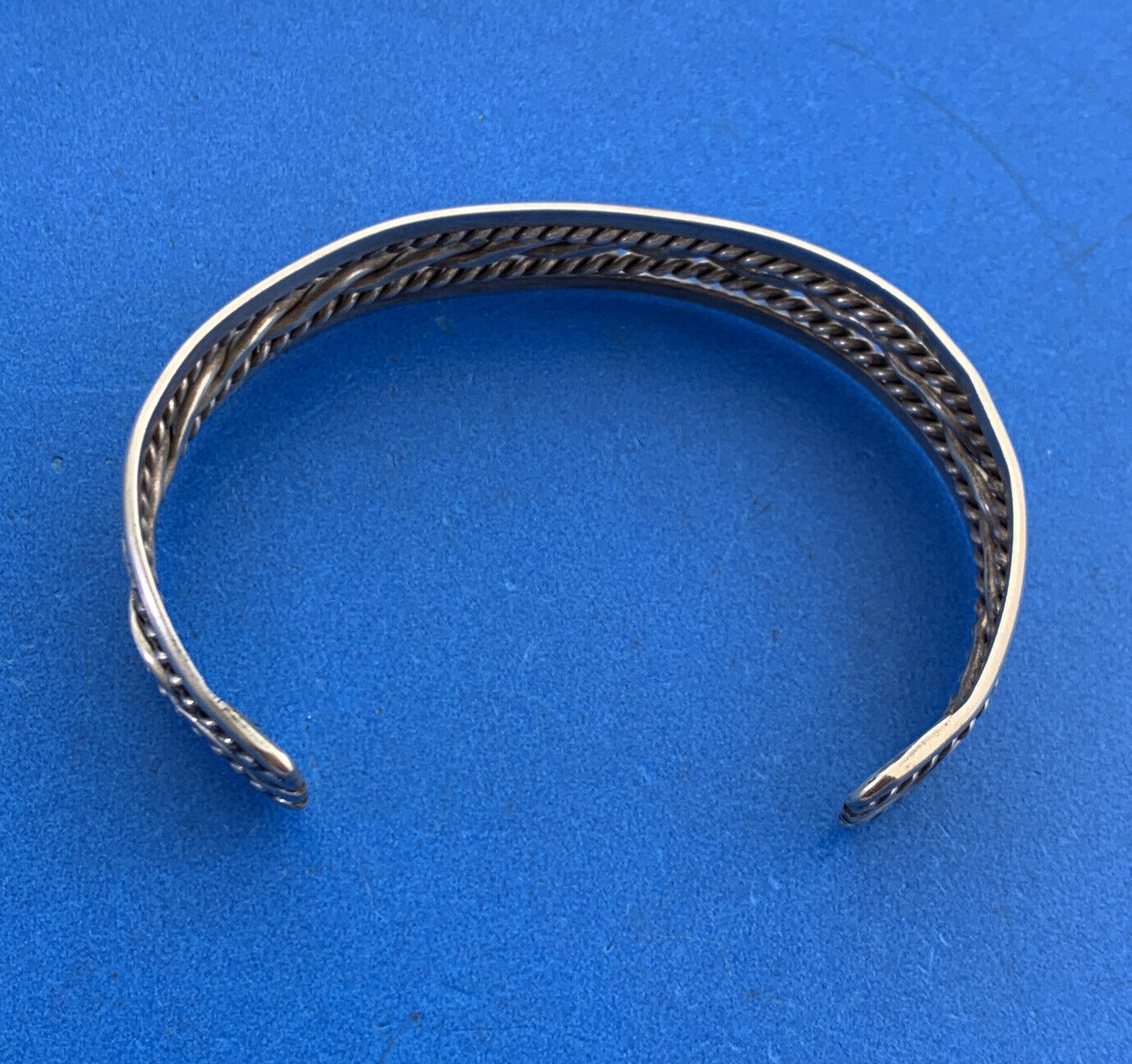 Vintage 925 Sterling Silver Ribbed Braided Rope Open Cuff Bracelet