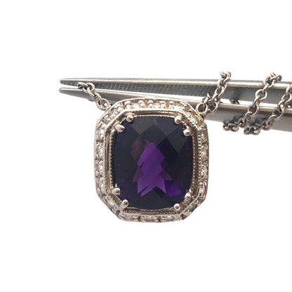 18k White Gold Faceted Purple Amethyst Diamond Accent 16.5" Chain Necklace