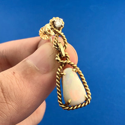 Estate 14K Yellow Gold Trillion Cut Opal Diamond Accent Drop Dangle Earrings
