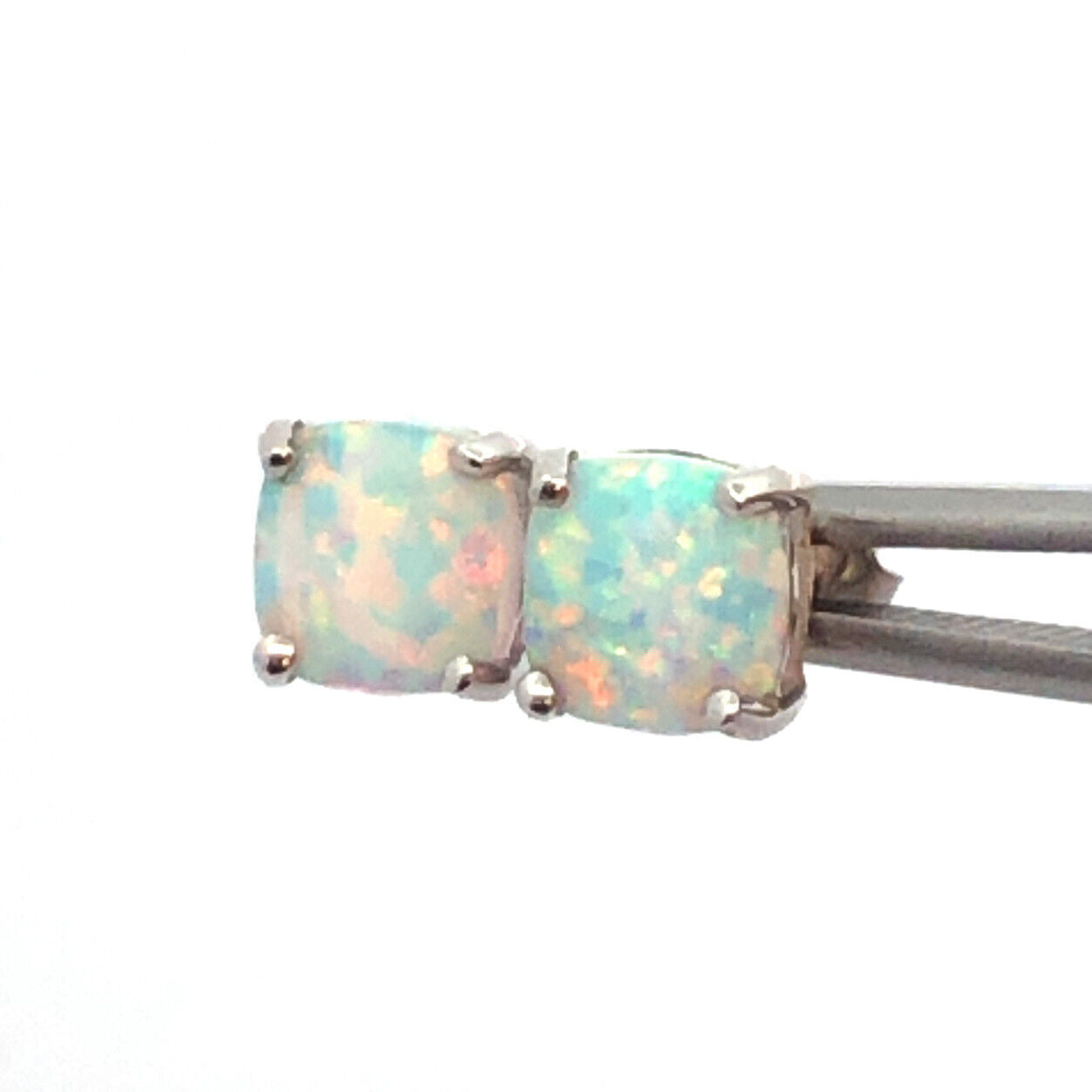 10K White Gold Square Opal Cabochon Healing Stud Earrings