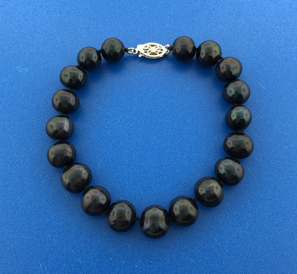 Gorgeous 14k White Gold Black Pearl 7.5" Strand String Bracelet