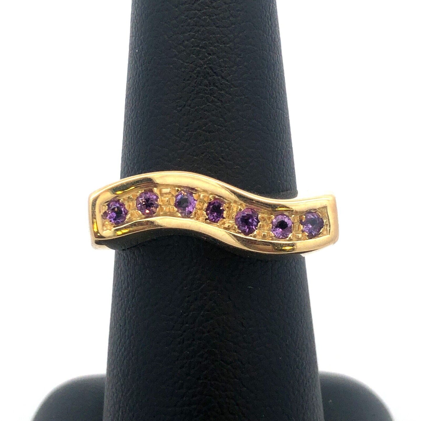 Modernist 14k Yellow Gold Italy Curved Amethyst February Anniversary Band Ring