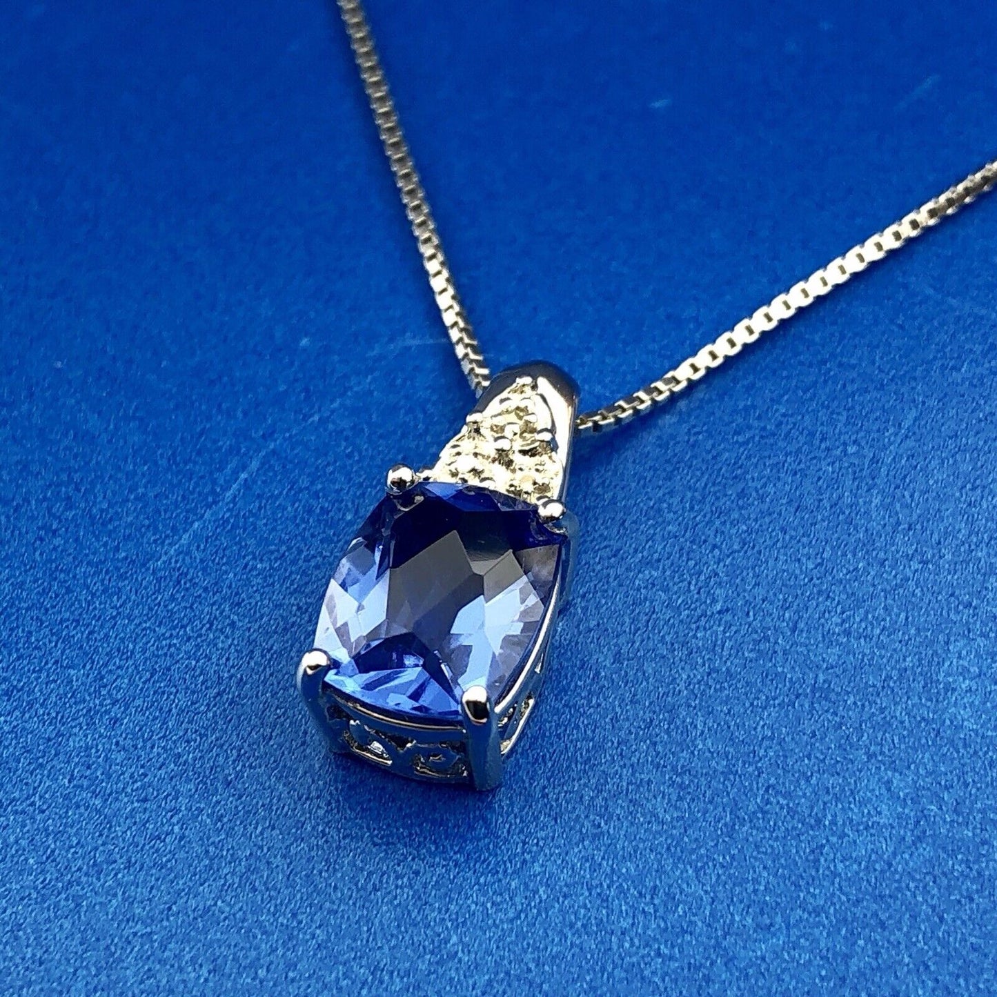 925 Sterling Silver Blue Cubic Zirconium with Diamond Accent Pendant Necklace