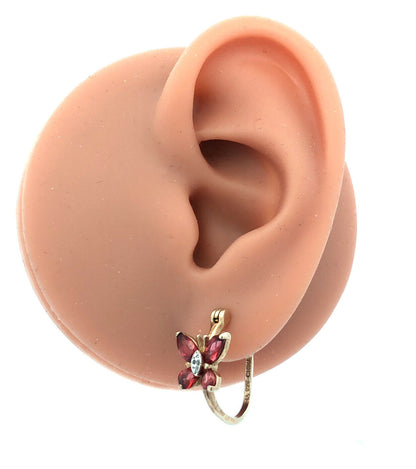 Designer 925 Sterling Silver Vermeil Garnet Diamond Butterfly Hoop Earrings