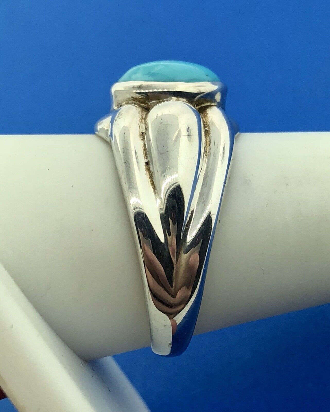Designer OIM Sterling Silver 925 Oval Turquoise Modernist Ribbed Design Ring