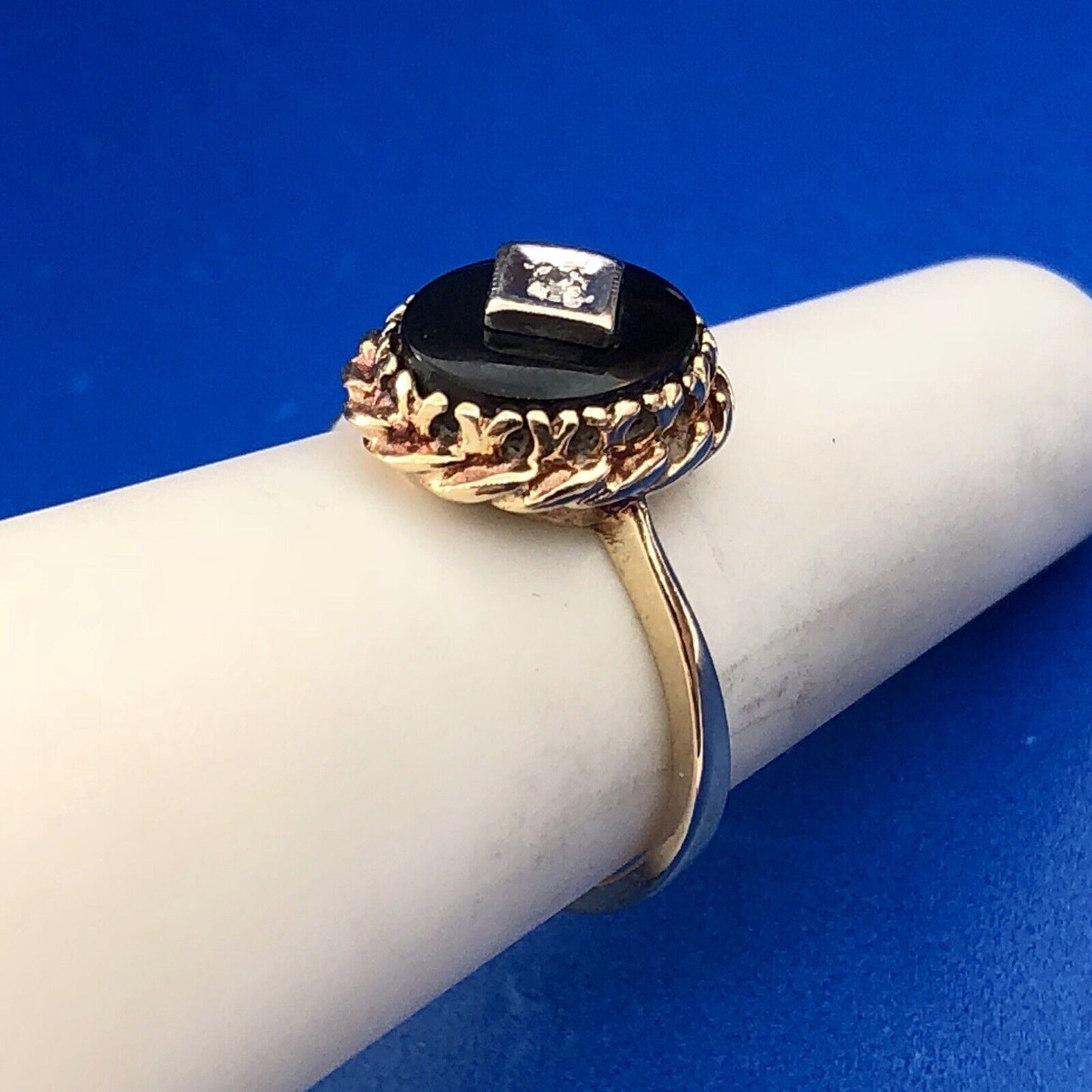 Art Deco Art Nouveau 10K Yellow Gold Black Onyx Diamond Cocktail Ring