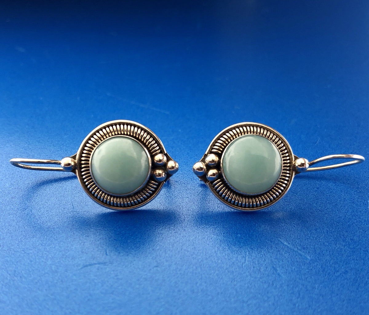 Designer BA Sterling Silver 925 Blue Aventurine Bead Scroll Hook Drop Earrings