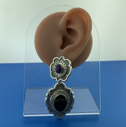 Native American Signed Black Onyx Purple Jasper Double Concho Statement Earrings