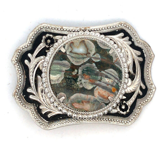 Southwestern Silver Tone Turitella Agate Floral Design Statement Belt Buckle