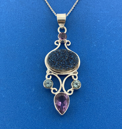 Sterling Silver 925 Amethyst Blue Topaz Drusy Quartz Statement Pendant Necklace