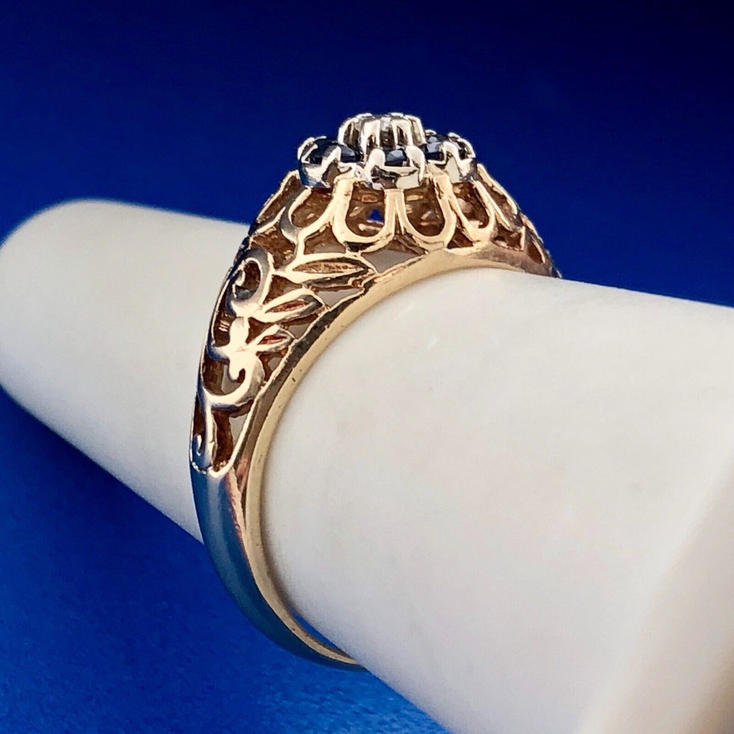 Vintage 10K Yellow Gold Sapphire Diamond Open Work September Cocktail Dome Ring