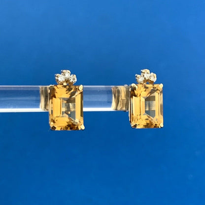 Gorgeous 14k Yellow Gold Emerald Cut Orange Citrine Diamond Accent Stud Earrings
