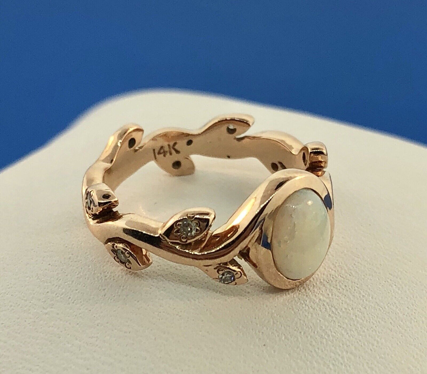 Unusual 14k Rose Gold Opal Diamond Vine Leaf Flower Motif Band Ring