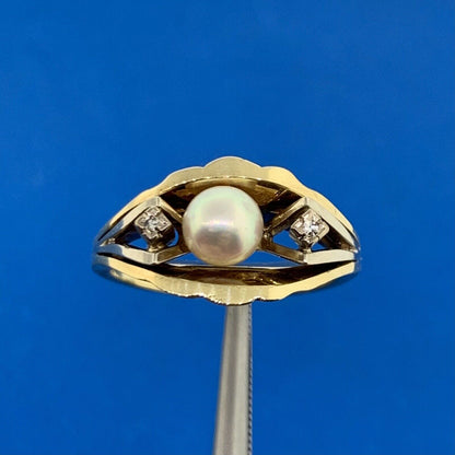 14K Yellow Gold Pearl Diamond Accented June Anniversary Birthstone Occasion Ring