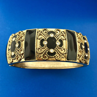 Gorgeous Gold Toned Black Enamel Sparkling Rhinestone 6.5" Hinged Cuff Bracelet