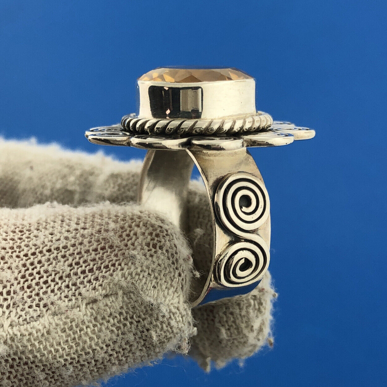 Designer NV India Sterling Silver 925 Round Citrine Flower Scroll Cocktail Ring