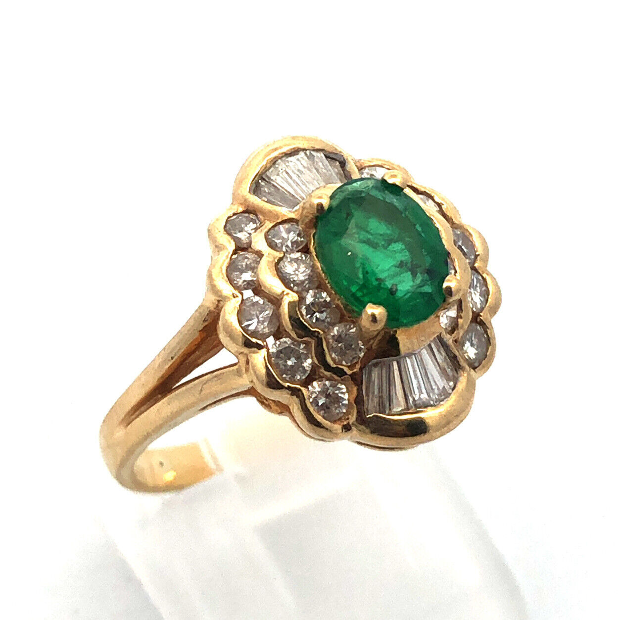 Estate 14K Yellow Gold Oval Emerald Diamond Double Halo Statement Cocktail Ring