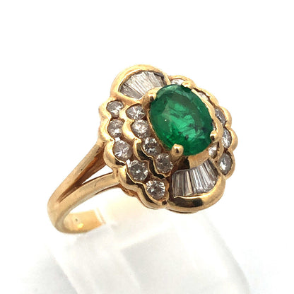 Estate 14K Yellow Gold Oval Emerald Diamond Double Halo Statement Cocktail Ring