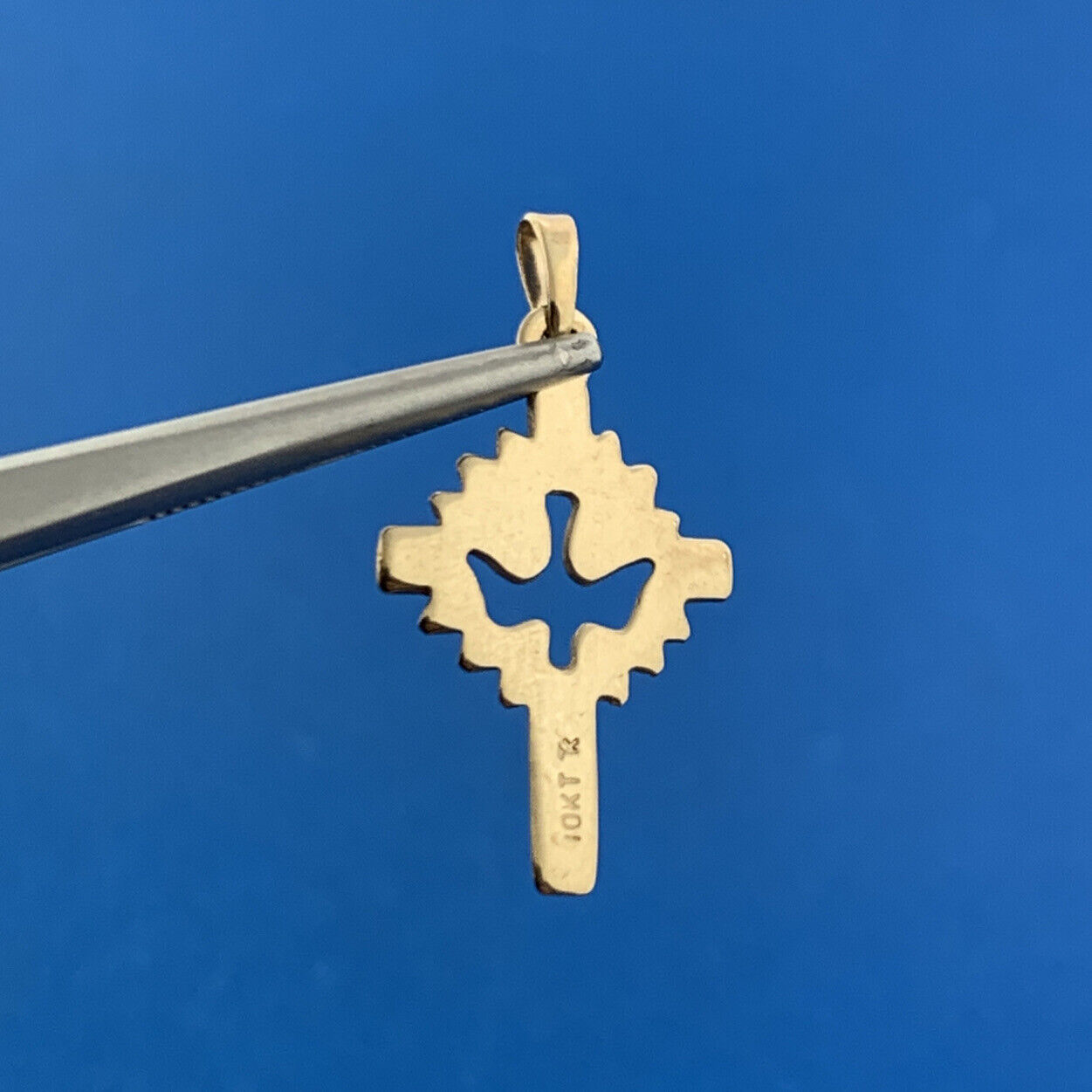 Designer 10K Yellow Gold Modernist Peace Dove Religious Communion Cross Pendant