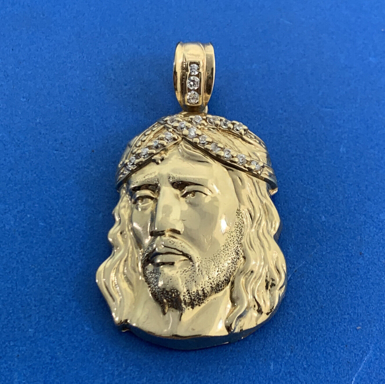 Designer 10K Yellow Gold Cubic Zirconia CZ Statement Christ's Head Pendant