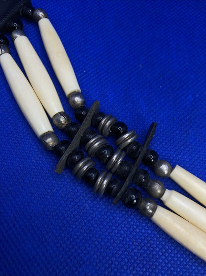 Vintage Native American Scrimshaw Bone Metal Leather Beaded Tie Choker Necklace