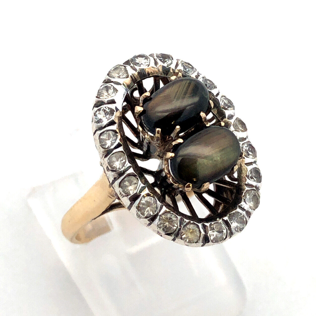 Vintage 14K Yellow Gold Black Star Sapphire White Amethyst Halo Cocktail Ring