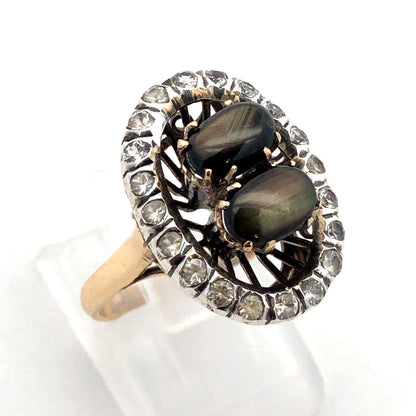 Vintage 14K Yellow Gold Black Star Sapphire White Amethyst Halo Cocktail Ring