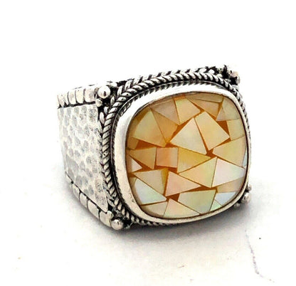 SARDA 925 Sterling Silver Mother of Pearl Mosaic Square Peaceful Heart Ring