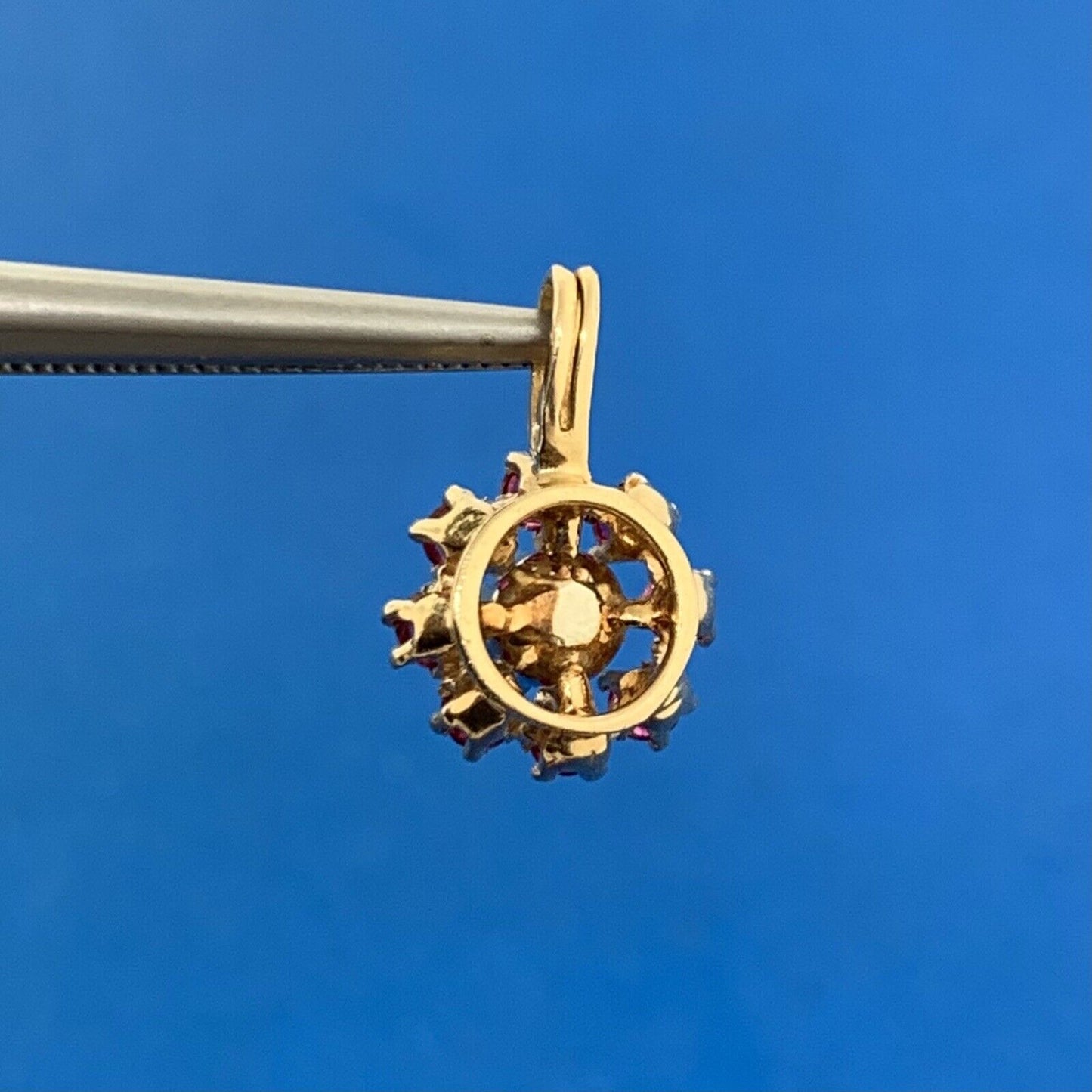 14K Yellow Gold Diamond Ruby Halo Flower Drop Pendant