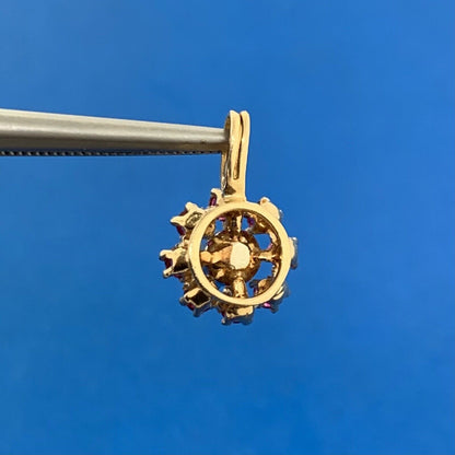 14K Yellow Gold Diamond Ruby Halo Flower Drop Pendant