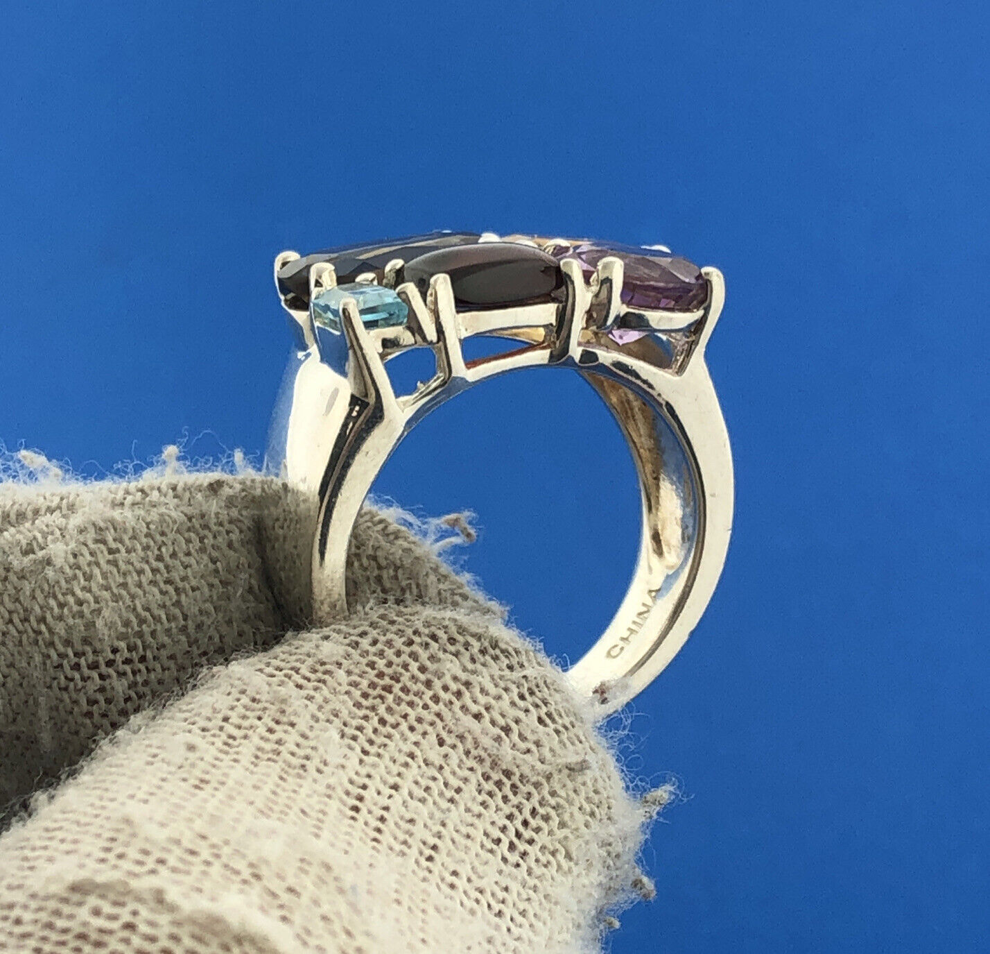 Designer China Sterling Silver Multi Stone Cigar Band Statement Cocktail Ring