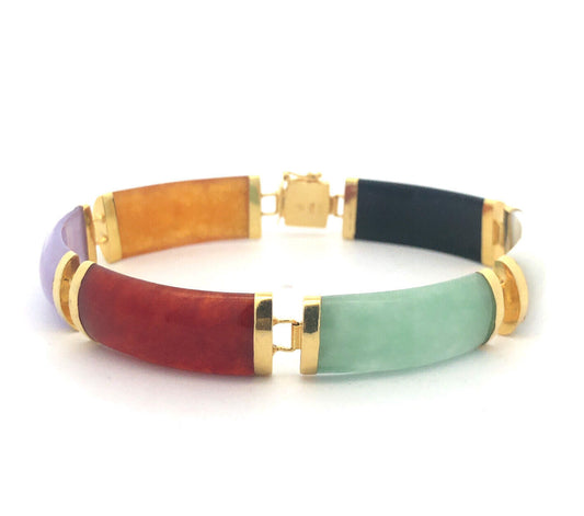 Estate 14K Yellow Gold Multi Gemstone Panel Chinese Good Luck Fortune Bracelet