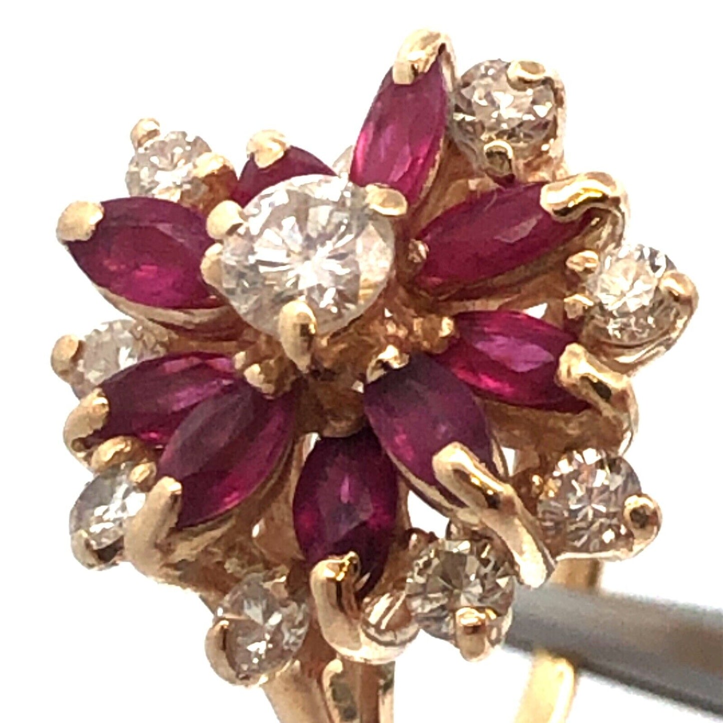 Vintage 14K Yellow Gold Round Diamond Marquise Lab Created Ruby Cocktail Ring