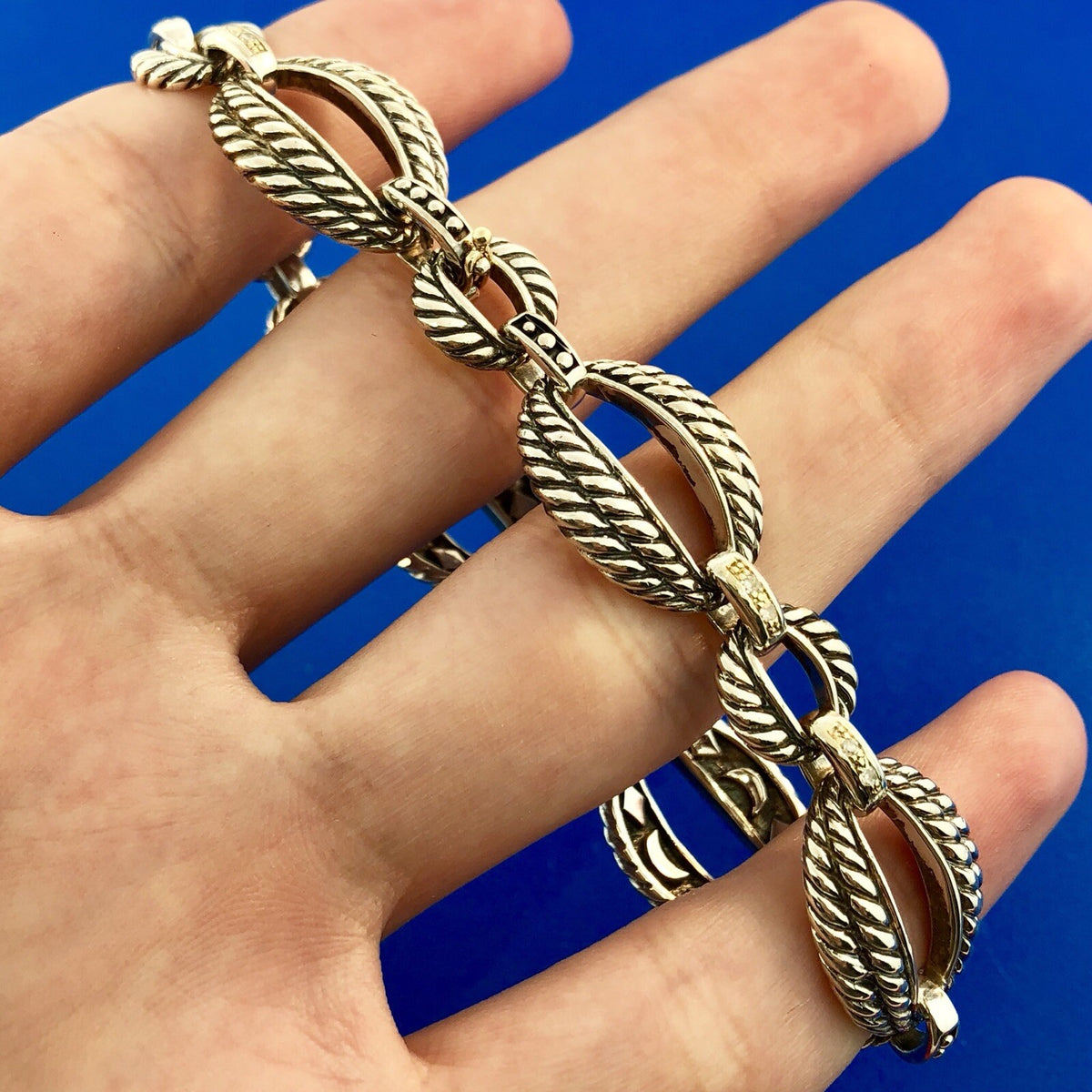 Designer 925 Sterling Silver 14K Gold Diamond Ribbed Cable Link Tennis Bracelet