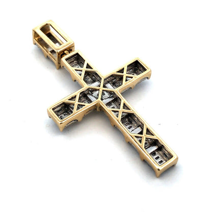 10K Yellow Gold Baguette Round Diamond Pave Statement Cross Pendant