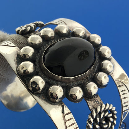 Estate Mexico 925 Sterling Silver Oval Black Onyx Concho Statement Cuff Bracelet