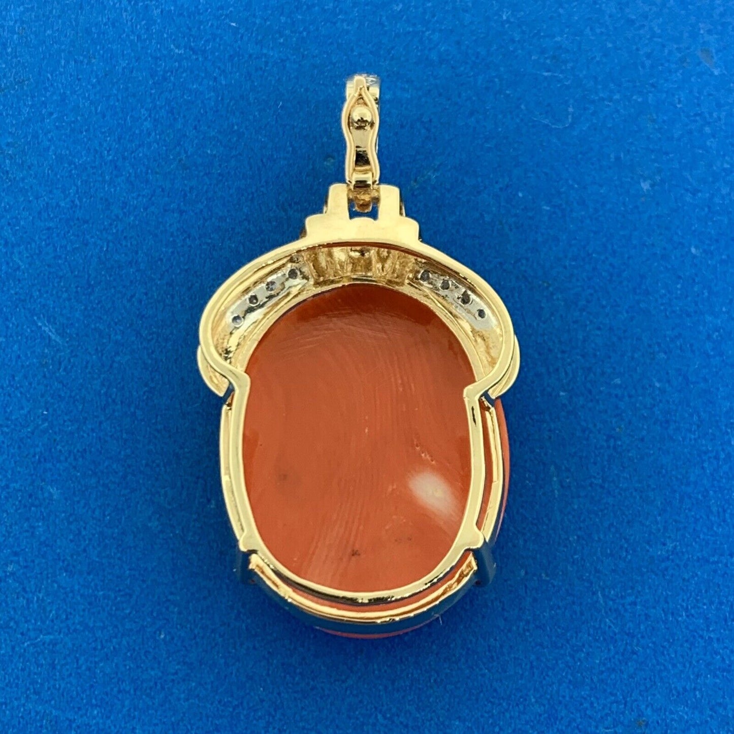 Designer 14K Yellow Gold Oval Coral Cabochon Diamond Accented Enhancer Pendant