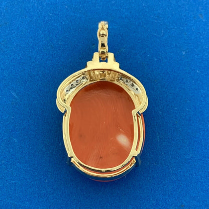 Designer 14K Yellow Gold Oval Coral Cabochon Diamond Accented Enhancer Pendant