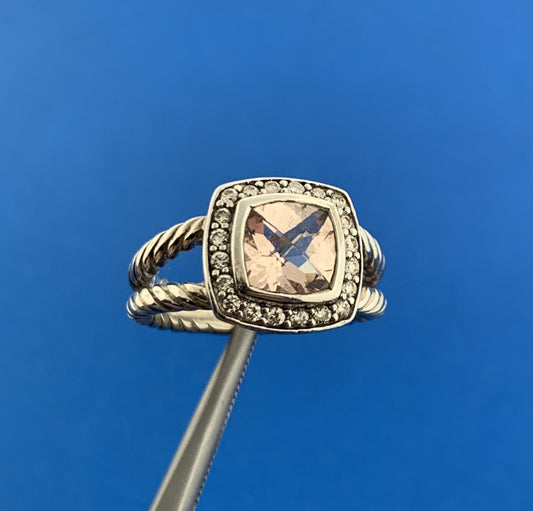 David Yurman 925 Sterling Silver Morganite Pave Diamond Halo Petite Albion Ring